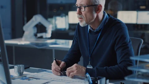 Professional Heavy Industry Engineer Draws Engine Concept Blueprint, References Stock Footage 104953547