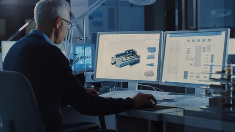 Professional Heavy Industry Engineer Works on Computer Uses CAD Software Stock Footage 104953801