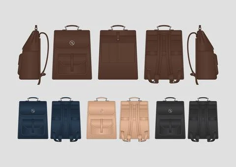Professional Heritage Leather Backpack Product Mockup Vector Multi View Stock Illustration