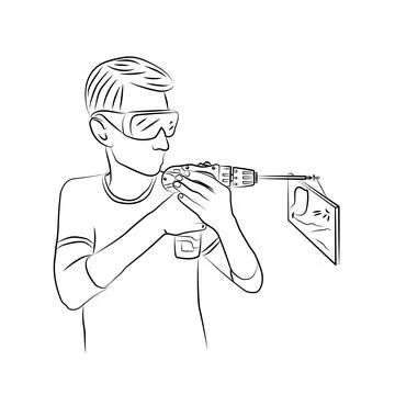 Professional hired worker, using hand-held electric tool drills wall Stock Illustration