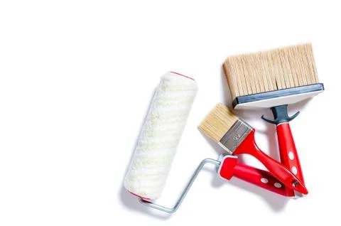 Professional house painter, work tools on a white background Stock Photos