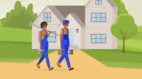Professional house painters flat vector illustration. Male and female repairman Stock Illustration