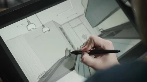 A professional illustrator designer is working on the interior of a modern Stock Footage 200714905