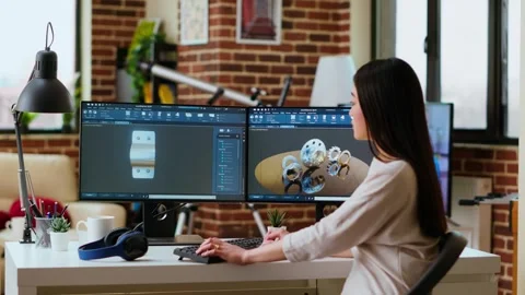 Professional industrial designer working with CAD software on dual monitors Stock Footage 319716865