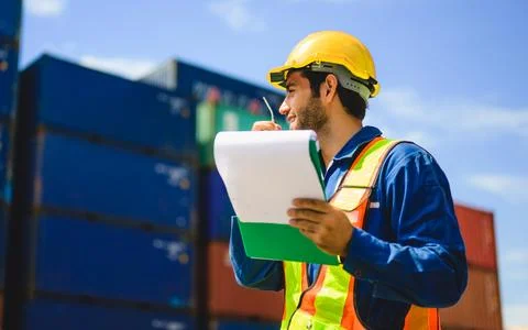 Professional industrial engineer worker working at container cargo yard Stock Photos