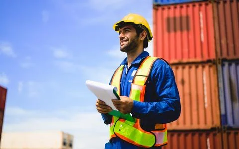 Professional industrial engineer worker working at container cargo yard Foto stock