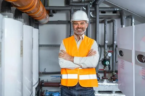 Professional Industry Engineer Worker Wearing Safety Uniform and Hard Hat Smi Fotos de archivo