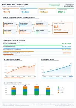 Professional infographic dashboard displaying climate change metrics, sea lev Stock Illustration