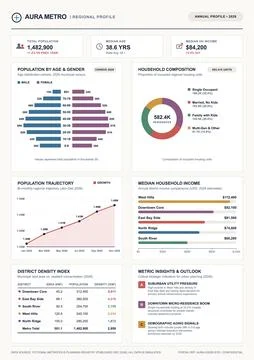 Professional infographic document displaying metropolitan population statisti Stock Illustration