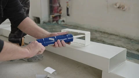 Professional installation of flat plastic ventilation ducts for kitchen hoods Stock Footage 262950933