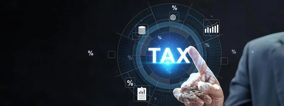 A professional interacting with a futuristic digital interface showing tax .. Stock Photos