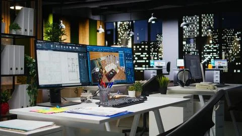 Professional interior design workspace showing modern computer monitors Stock-Fotos