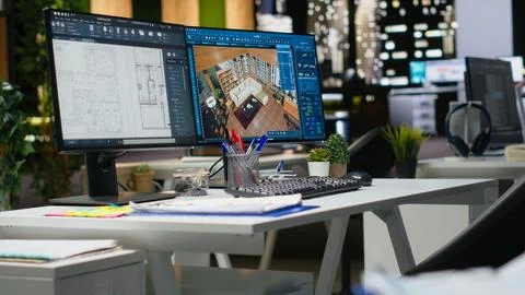 Professional interior design workspace showing modern computer monitors Stock-Fotos