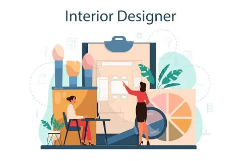 Professional interior designer concept. Decorator planning the design Illustrazione stock