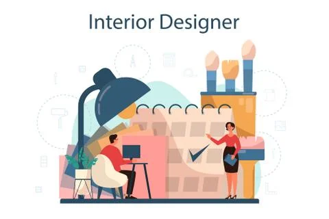 Professional interior designer concept. Decorator planning the design Illustrazione stock