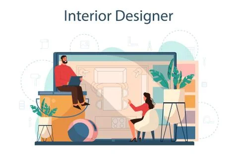 Professional interior designer concept. Decorator planning the design Illustrazione stock