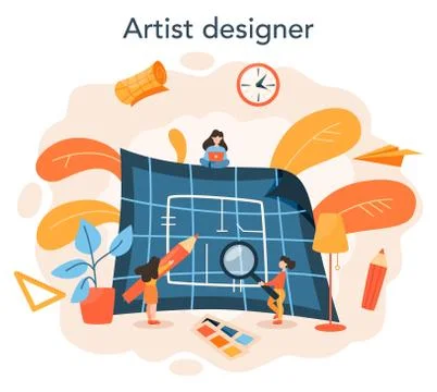 Professional interior designer concept. Decorator planning the design Illustrazione stock