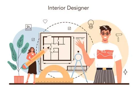 Professional interior designer concept. Decorator planning the design Stock Illustration