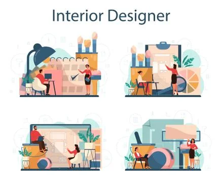 Professional interior designer concept set. Decorator planning Illustrazione stock