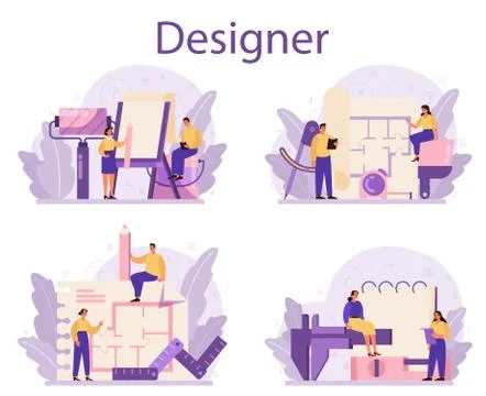 Professional interior designer concept set. Decorator planning Illustrazione stock