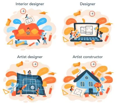 Professional interior designer concept set. Decorator planning Illustrazione stock