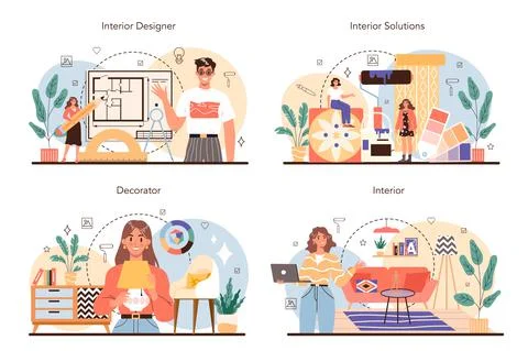 Professional interior designer concept set. Decorator planning the design Illustrazione stock