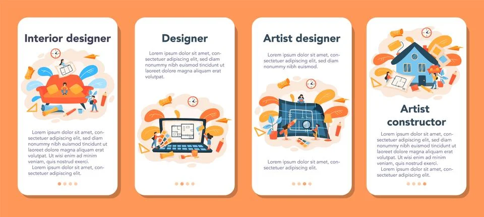 Professional interior designer mobile application banner set. Illustrazione stock