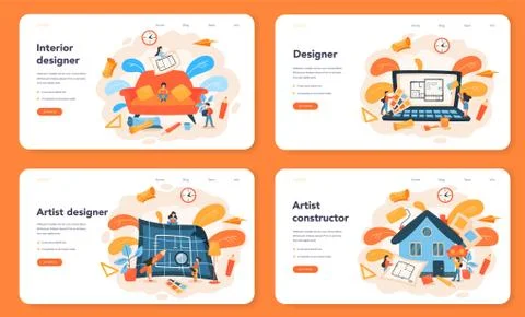 Professional interior designer web banner or landing page set. Illustrazione stock