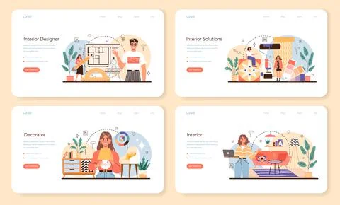 Professional interior designer web banner or landing page set. Decorator Illustrazione stock