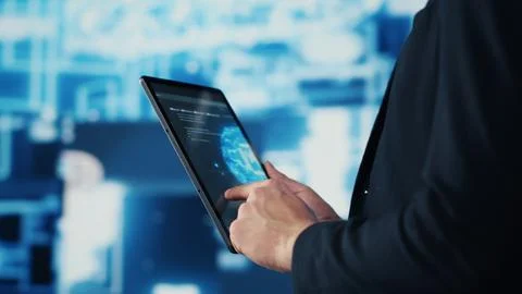 Professional IT engineer uses modern digital AI neural networks Stock Photos