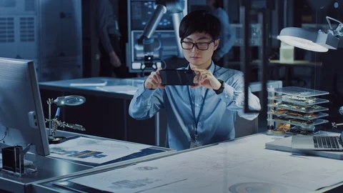 Professional Japanese Development Engineer in Blue Shirt is Looking at AR Video stock 105342266