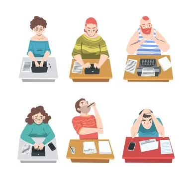 Professional Journalist at Desk Writing Article or Post on Laptop and Typewriter Stockillustratie