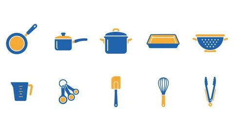 Professional kitchen cookware and baking utensil icons set with cookware Stock Illustration