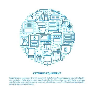 Professional kitchen equipment round concept banner in line style Stock Illustration