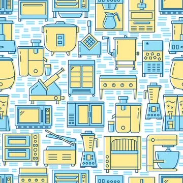 Professional kitchen equipment seamless pattern in line style Stock Illustration