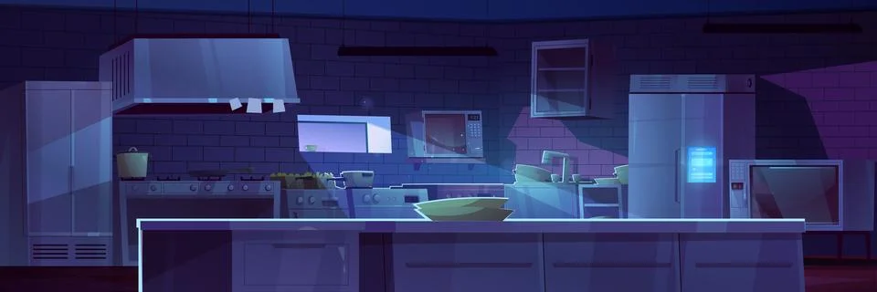 Professional kitchen interior at night Stock Illustration