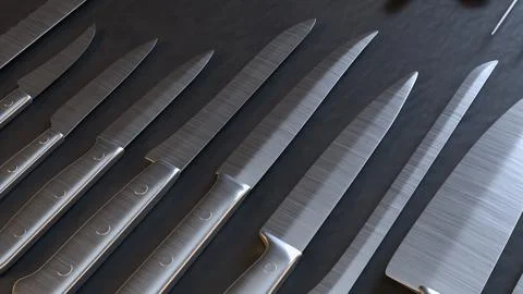 Professional Kitchen Knives Set On Dark Background 3d render.. Stock Illustration