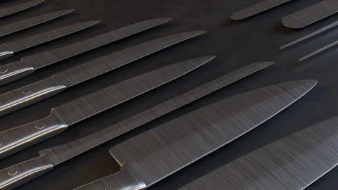 Professional Kitchen Knives Set On Dark Background 3d render.. Stock Illustration