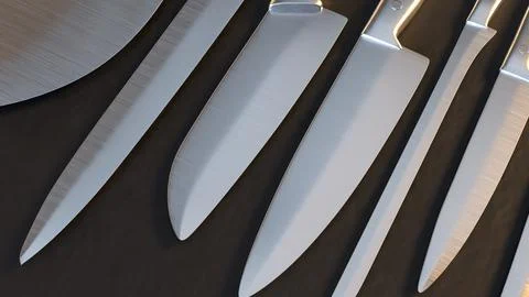 Professional Kitchen Knives Set On Dark Background 3d render.. Stock Illustration