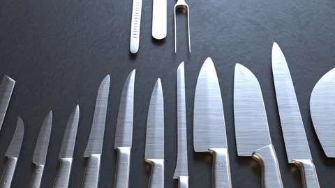 Professional Kitchen Knives Set On Dark Background 3d render.. Illustrazione stock
