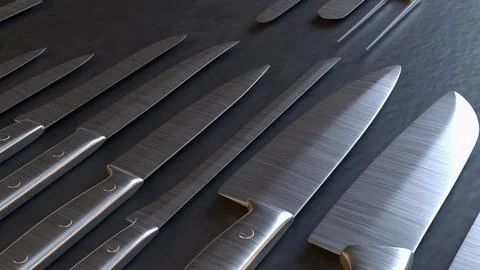 Professional Kitchen Knives Set On Dark Background 3d render.. Stock Illustration