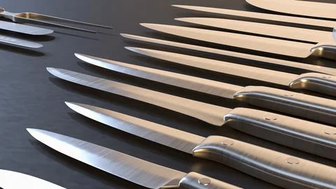 Professional Kitchen Knives Set On Dark Background 3d render.. Stock Illustration