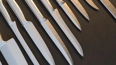 Professional Kitchen Knives Set On Dark Background 3d render.. Stock Illustration