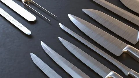 Professional Kitchen Knives Set On Dark Background 3d render.. Stock Illustration