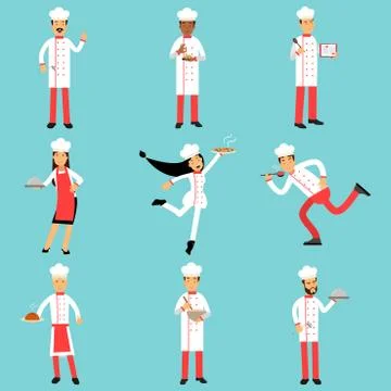 Professional kitchen staff characters at work. Chief cooks and bakers set of Illustrazione stock