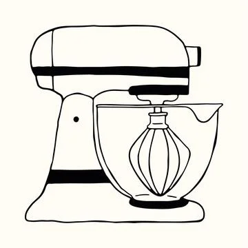 A professional kitchen stand mixer with a whisk attachment is drawn in a Stock Illustration