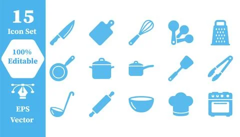 Professional kitchen tools and cooking equipment icon set with utensils Illustrazione stock