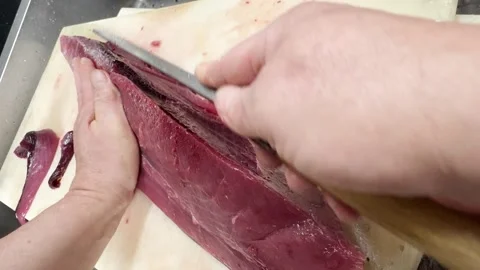 Professional Knife Work on a Tuna Loin, Young Bluefin Tuna (Meji), Japan Food Stock Footage 339267928