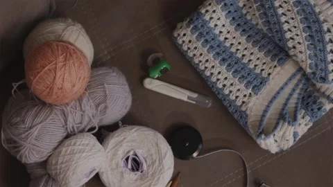 Professional knitting kit with blue top needles and row counter 스톡 동영상 337452081