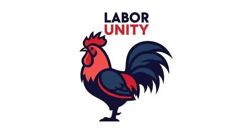 Professional labor unity rooster mascot emblem representing morning awakeni.. Ilustração Stock